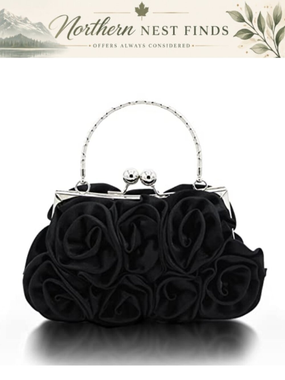 Satin Floral Evening Clutch Kiss-Lock 3D Rose Detachable Chain Wedding